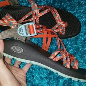 Orange and blue chacos